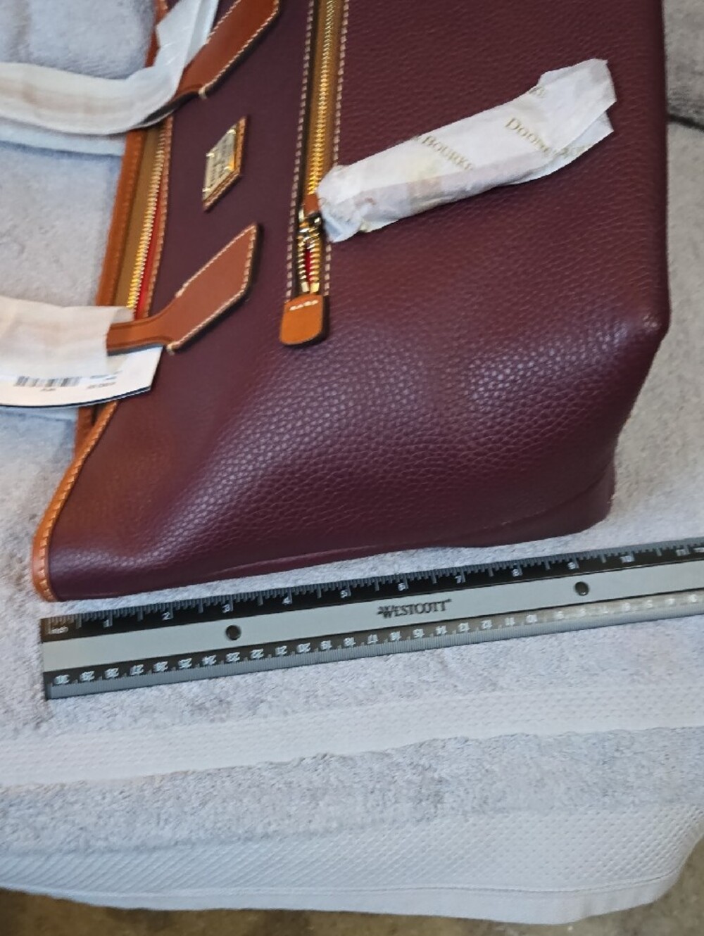 Dooney & Bourke Plum Pebble Leather Satchel with Tan Trim and Gold Hardware - Picture 4 of 9